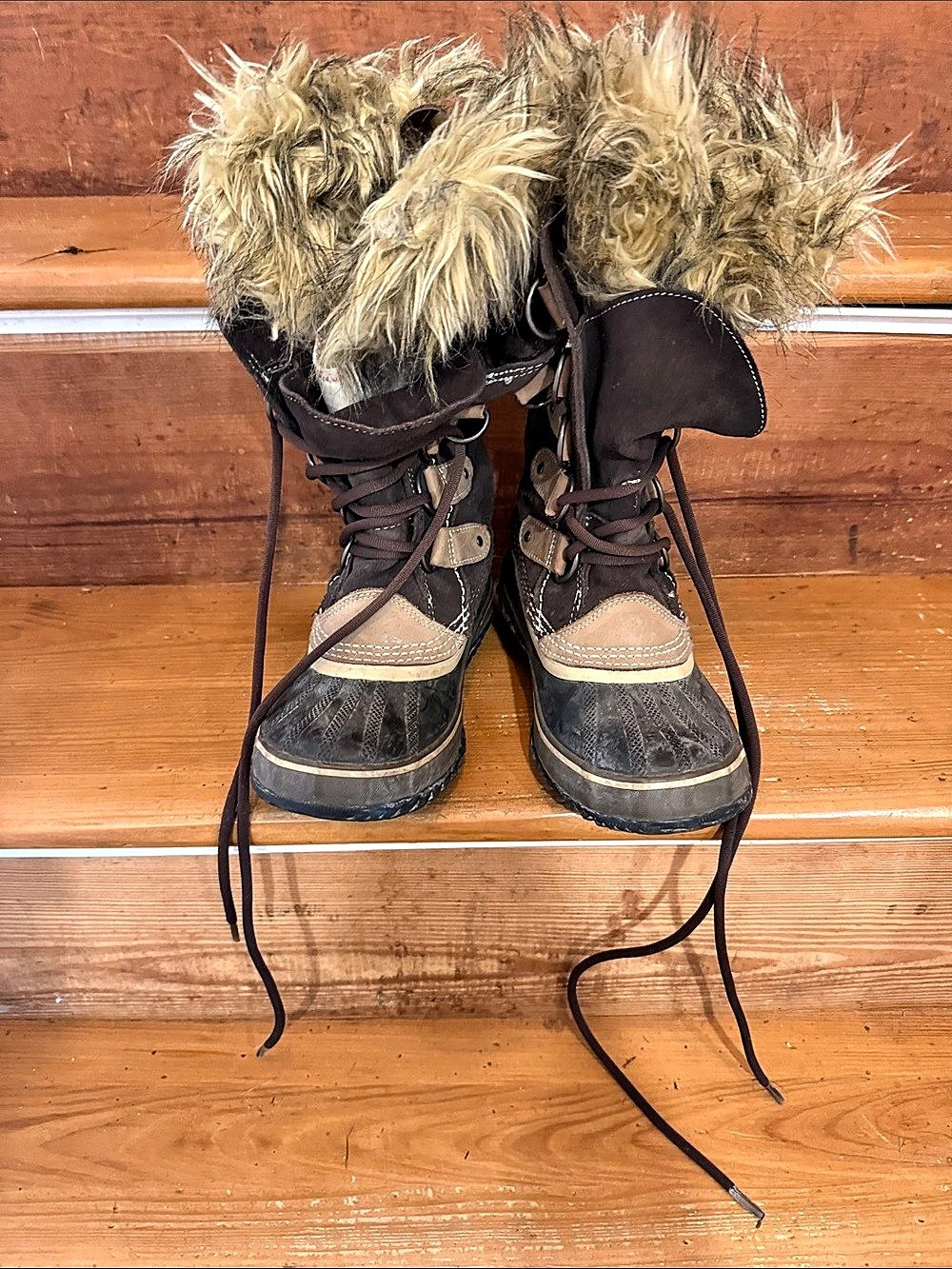Sorel Joan of Arctic Waterproof Boot Fur Trim Winter Boots Brown & Black, size 5